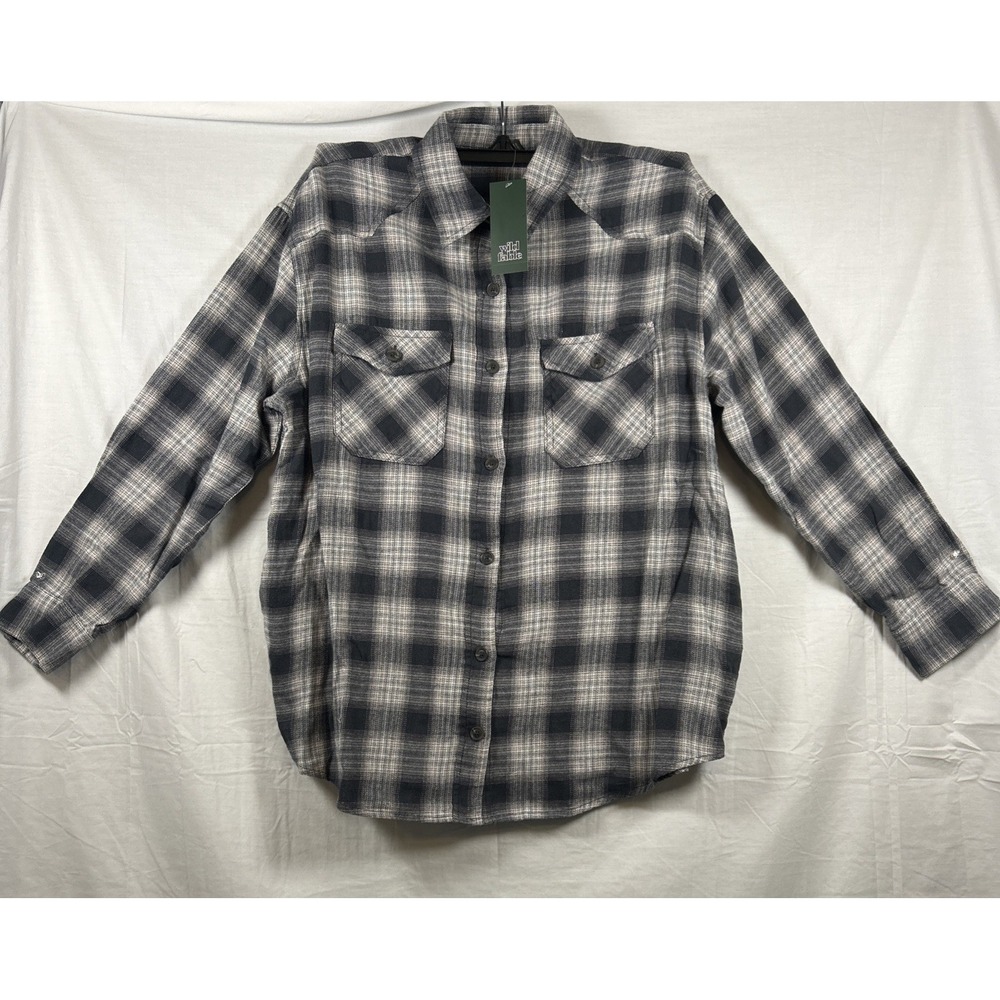 Wild Fable M Flannel Shirt Blue /Gray Plaid Button Down Cotton With Pockets Nwt
